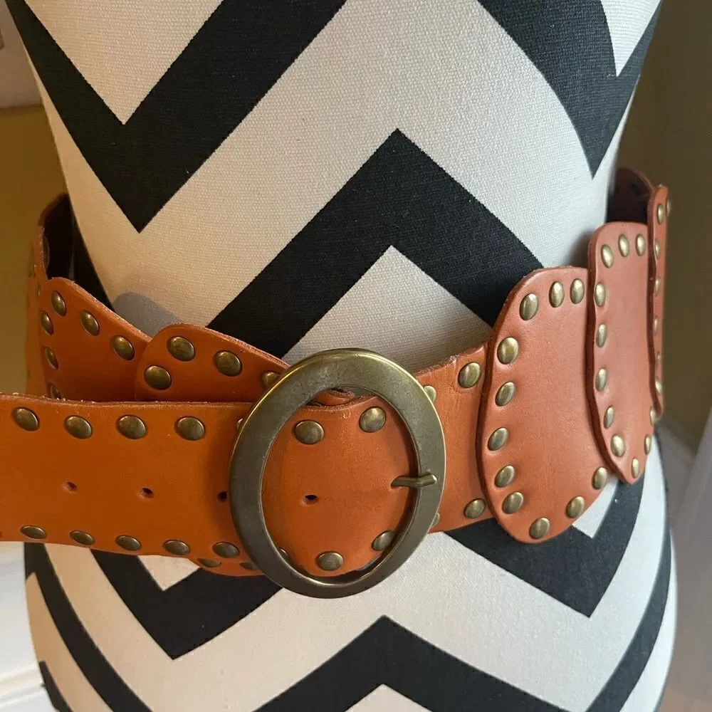 Lake shore Drive leather tan patchwork Belt with brass buckle & studs accents